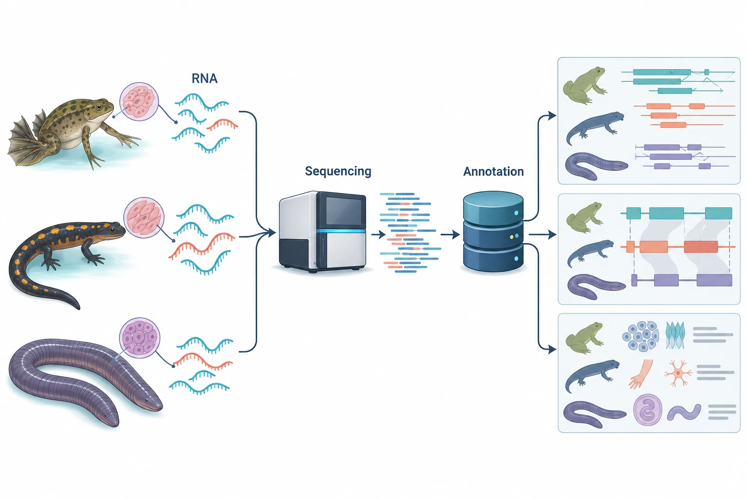 整合不同两栖类的 RNA 测序与注释,构建比较转录组资源。